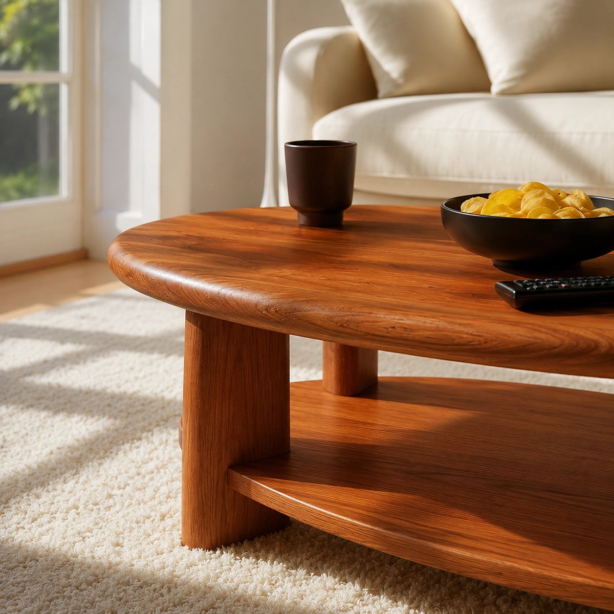 Modern Solid Walnut Round Coffee Table with Open Storage Shelf | Minimalist Living Room Table
