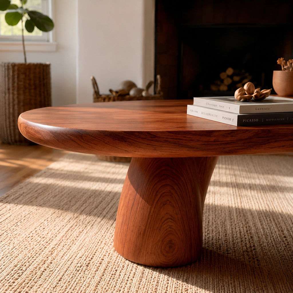 Natural Solid Wood Oval Coffee Table with Four Sculptural Legs