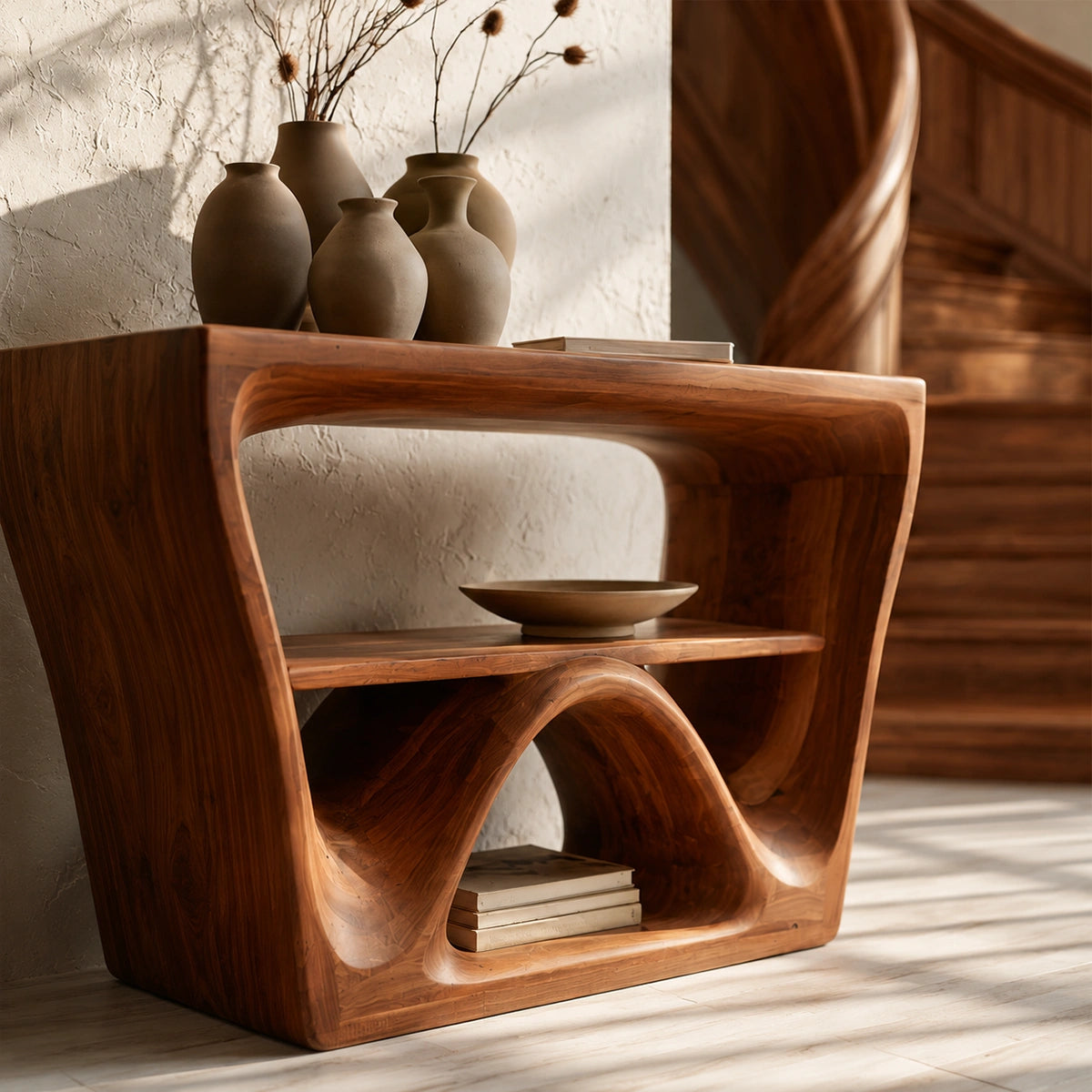 Sculptural Solid Wood Console Table with Open Shelf