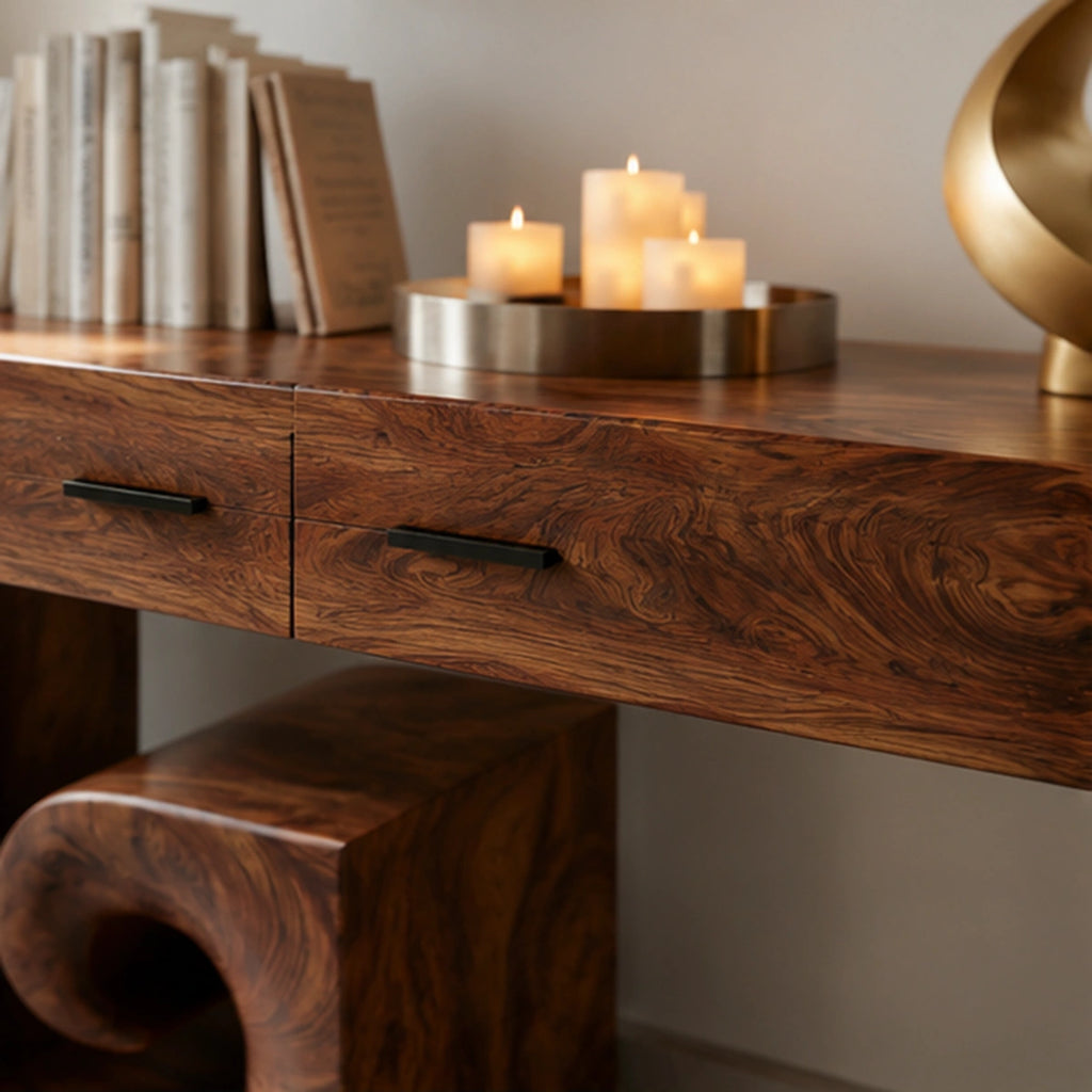 Solid Wood Console Table with Sculptural Stool | Modern Entryway & Hallway Table