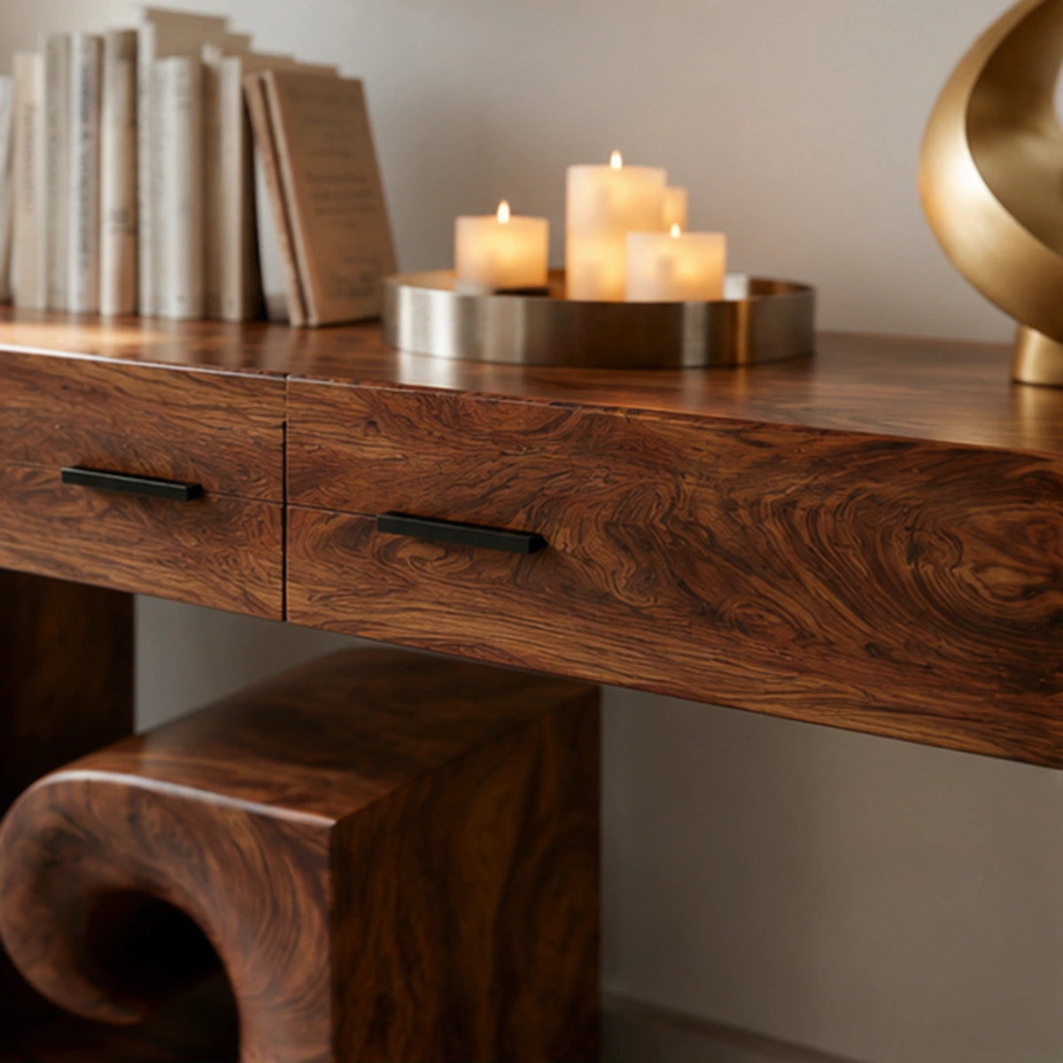 Solid Wood Console Table with Sculptural Stool | Modern Entryway & Hallway Table