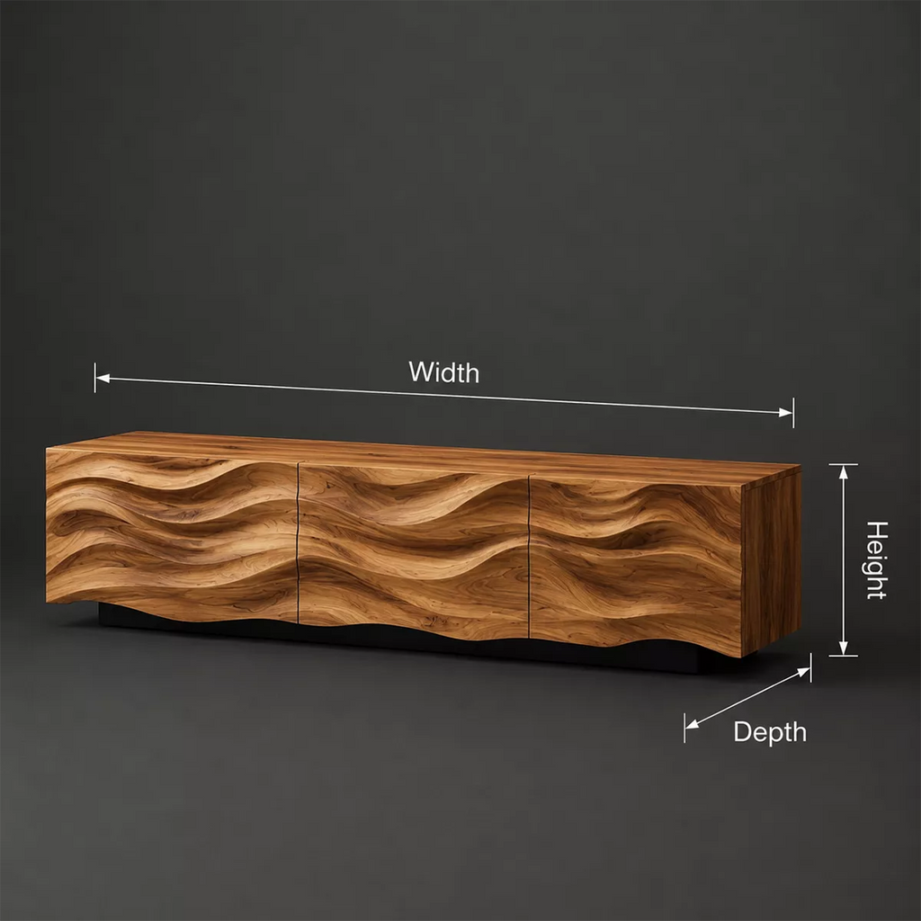 Carved Wave Solid Wood TV Stand With Sculptural Front And Natural Wood Grain For Living Room