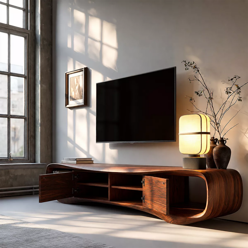 Sculptural Solid Wood TV Stand With Rounded Loop Frame, Open Side Shelves And Hidden Drawer Storage For Living Room
