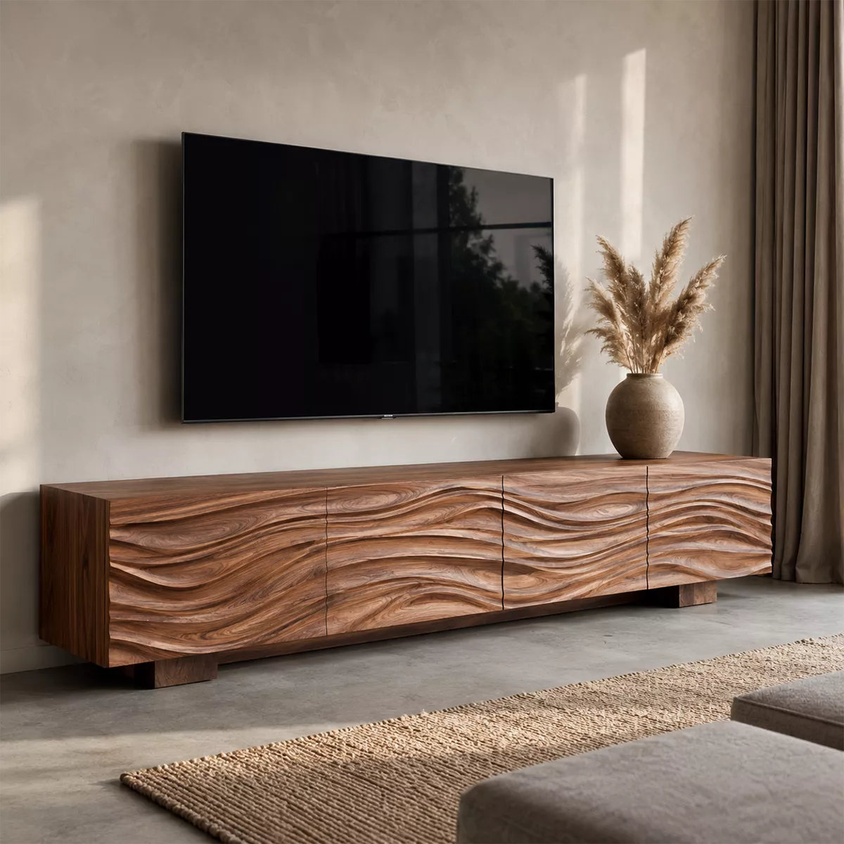 Sculptural Solid Wood TV Stand With Carved Wave Front And Natural Wood Grain For Living Room