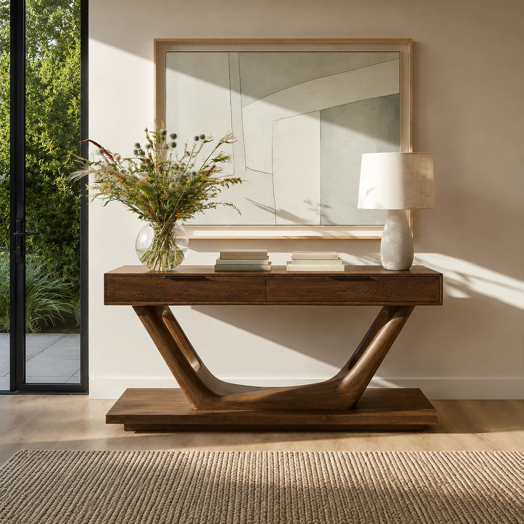Modern Solid Walnut Console Table with Drawers | Sculptural Entryway Sofa Table