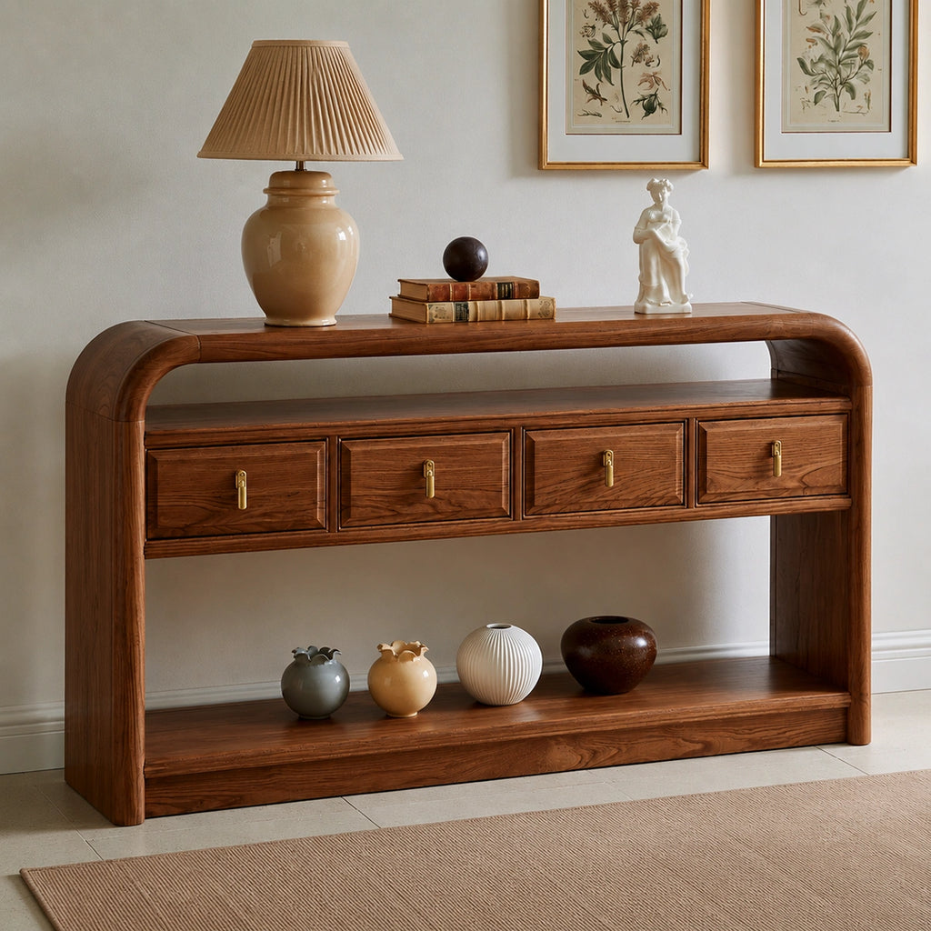 Solid Wood Console Table with Drawers and Open Shelf