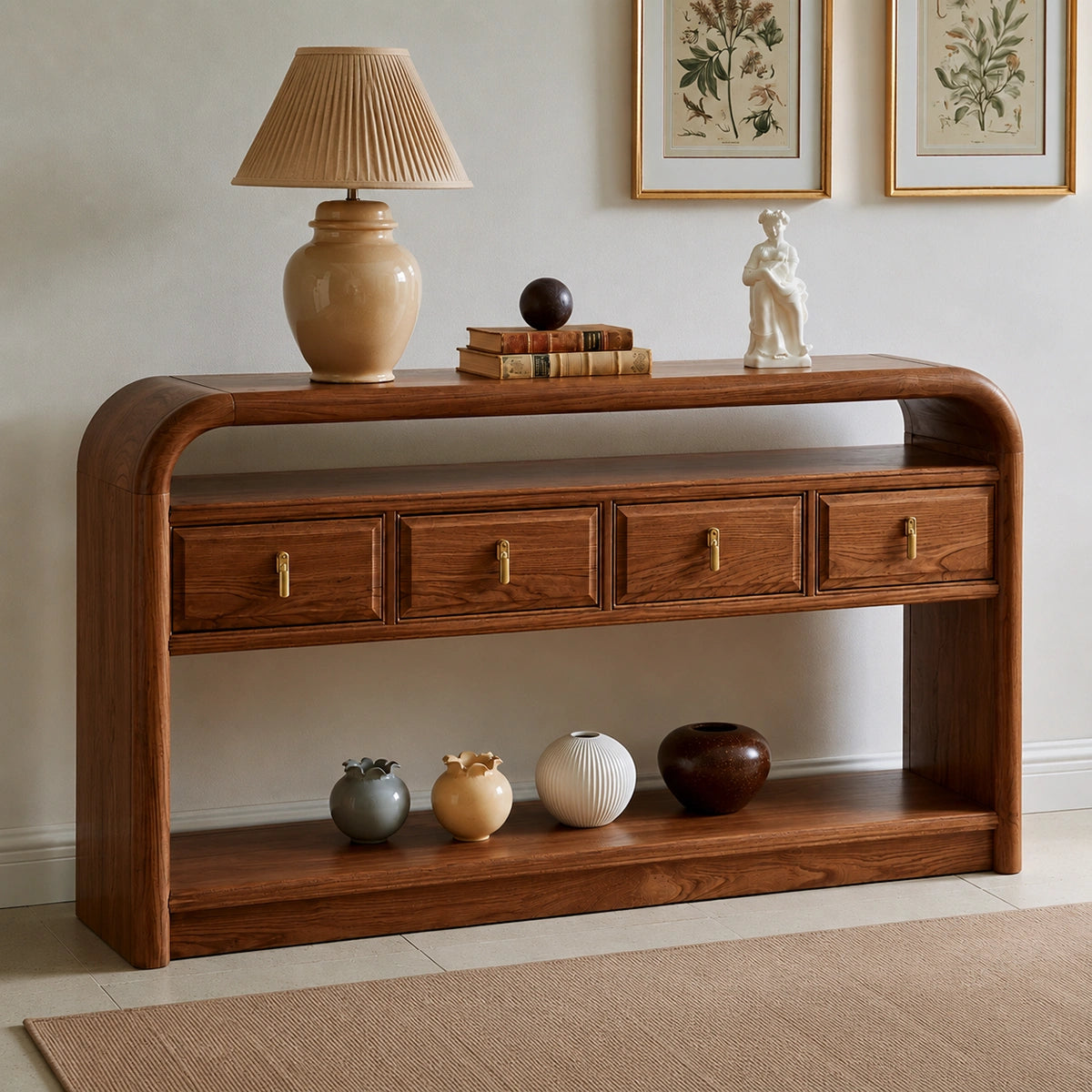 Solid Wood Console Table with Drawers and Open Shelf