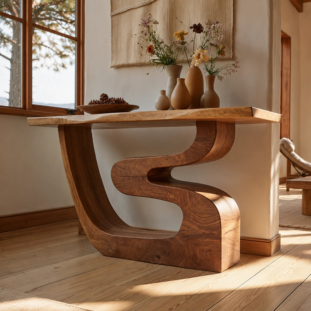 Sculptural Solid Wood Console Table with Curved Base
