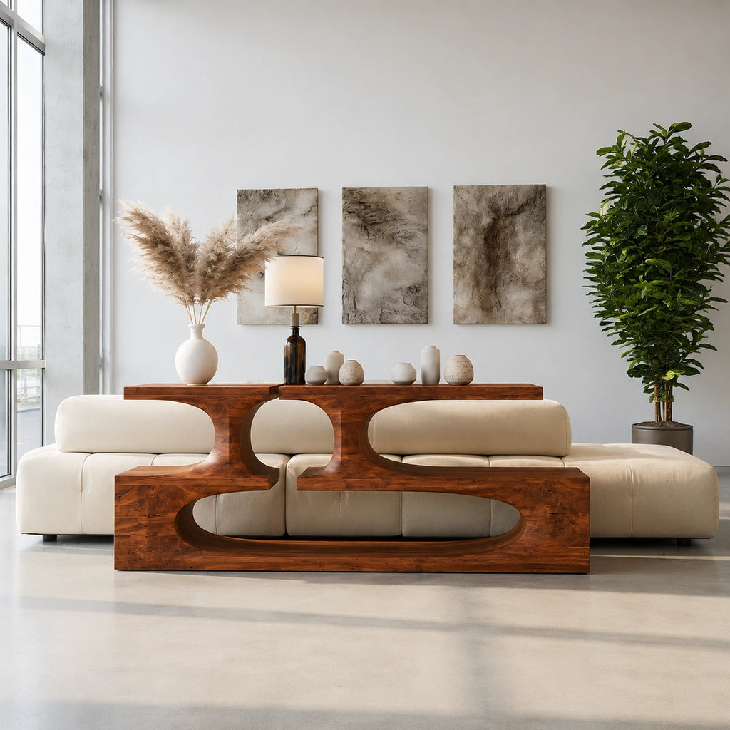 Sculptural Solid Wood Console Table with Open Shelves