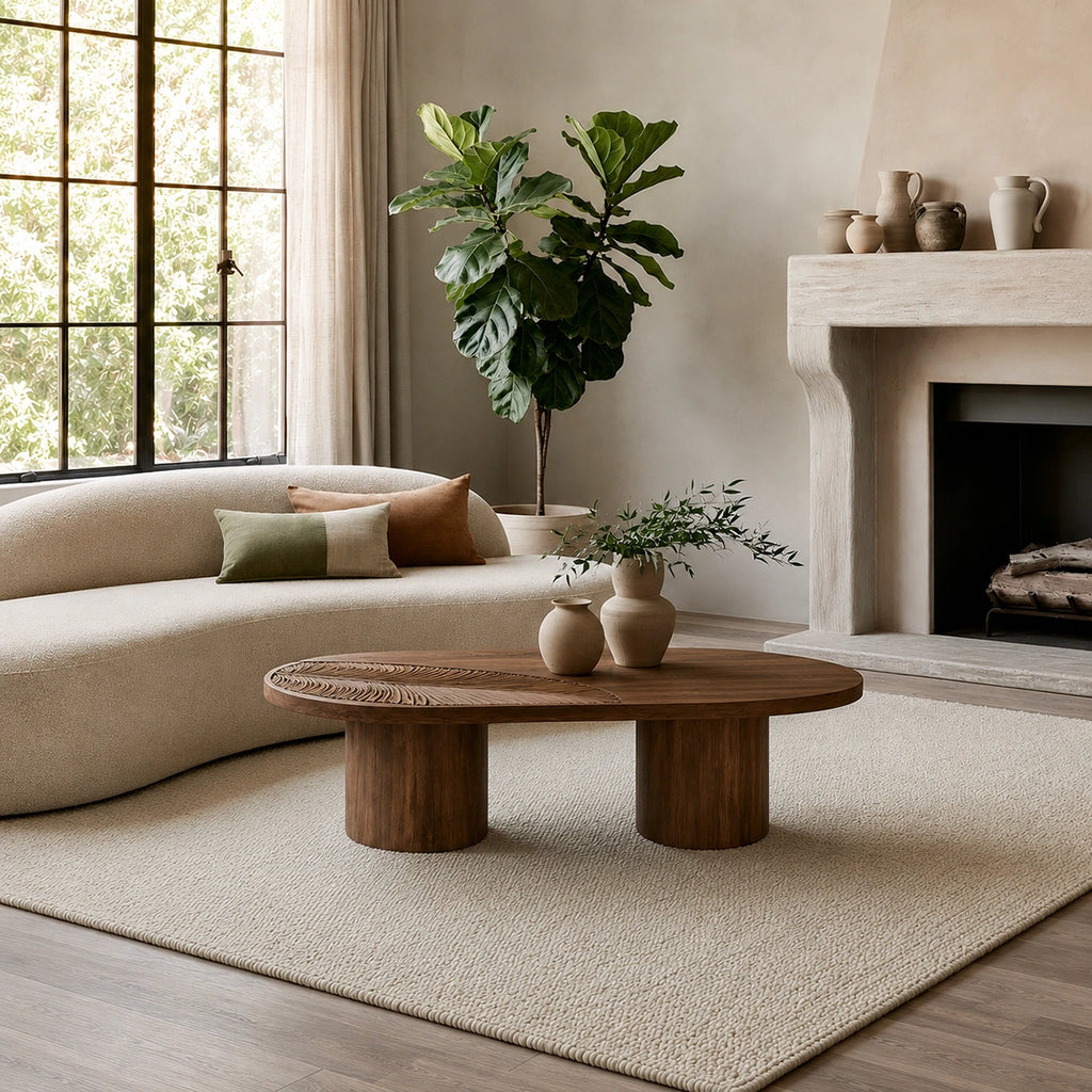 Handcrafted Solid Walnut Oval Coffee Table | Leaf Carved Modern Coffee Table for Living Room