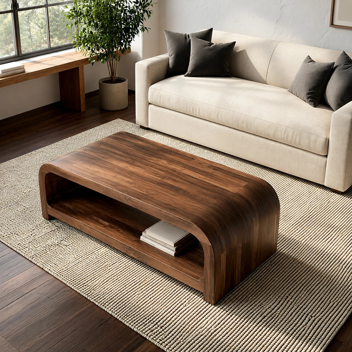 Modern Solid Walnut Waterfall Coffee Table with Open Storage | Minimalist Living Room Table