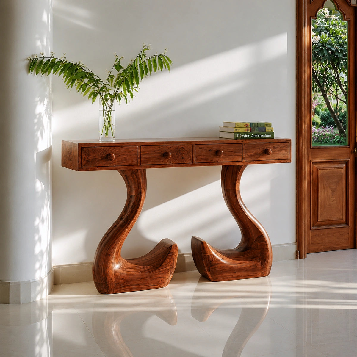 Solid Wood Console Table with Drawers and Sculptural Legs