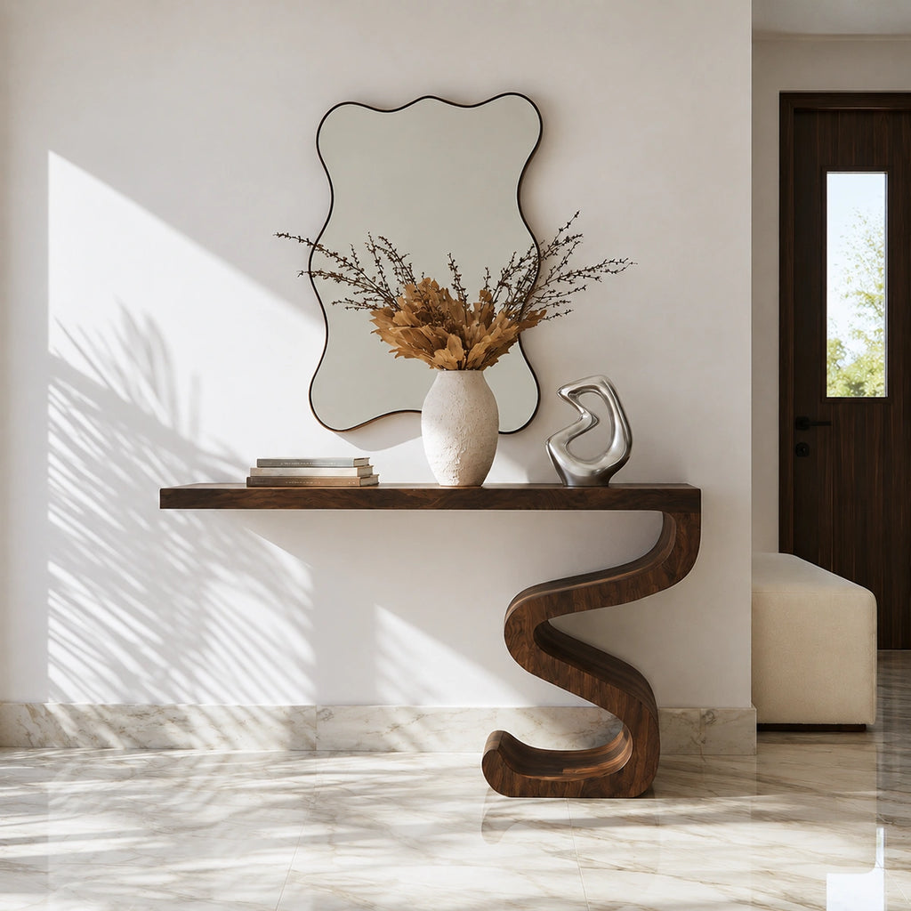 Sculptural Solid Wood Console Table with Curved Base