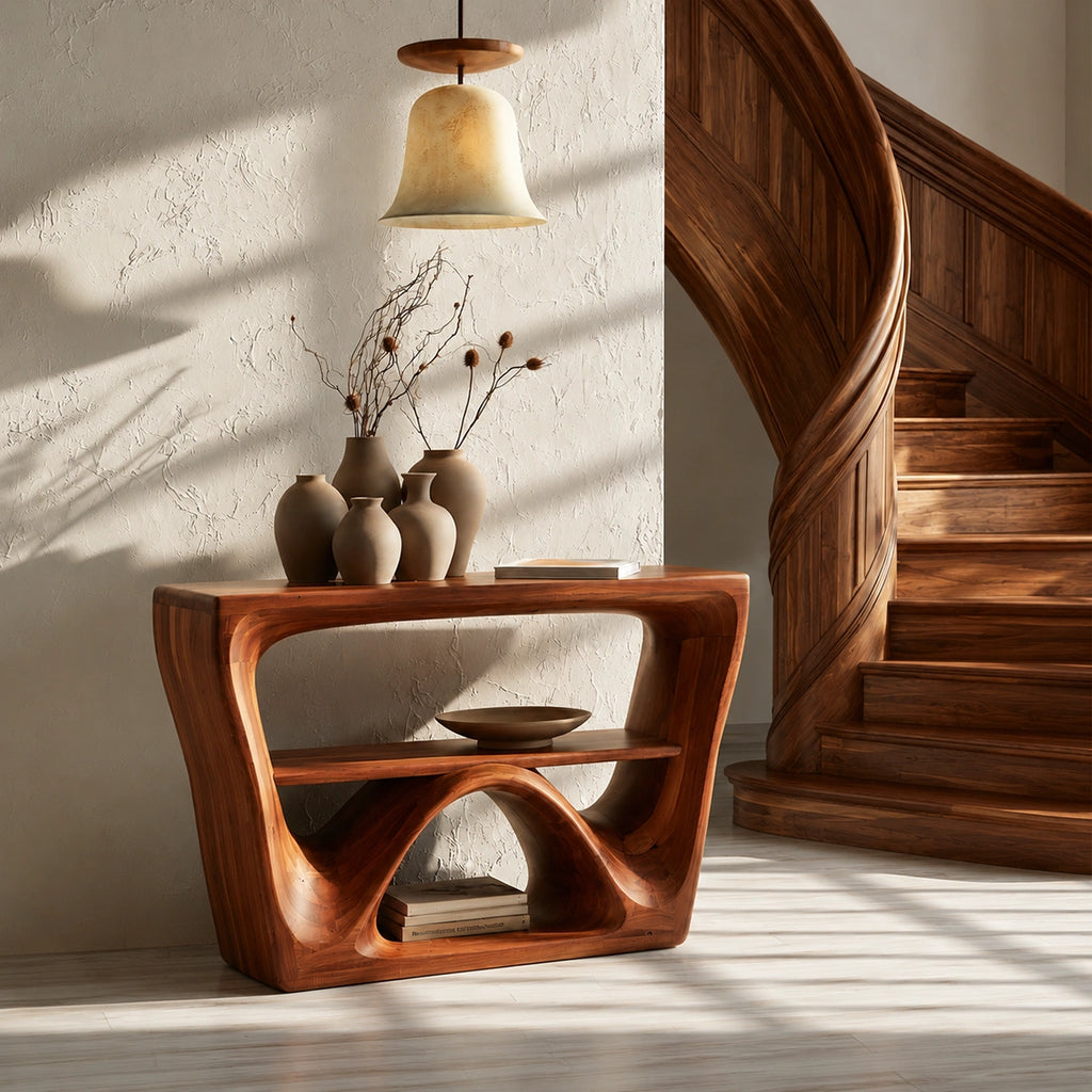 Sculptural Solid Wood Console Table with Open Shelf