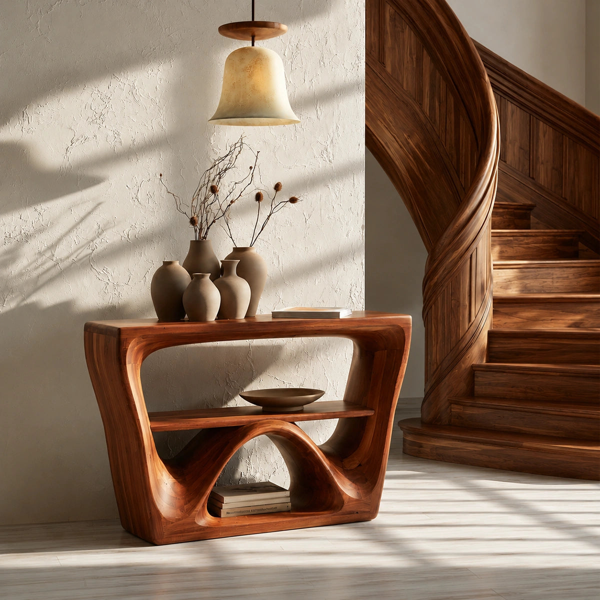 Sculptural Solid Wood Console Table with Open Shelf