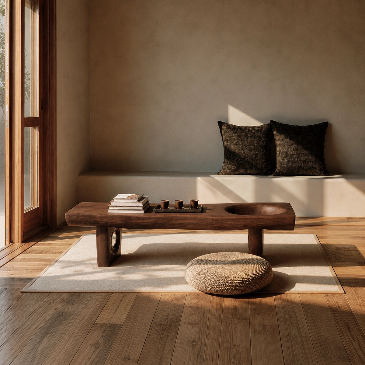Handcrafted Solid Walnut Coffee Table with Carved Bowl | Sculptural Modern Living Room Table
