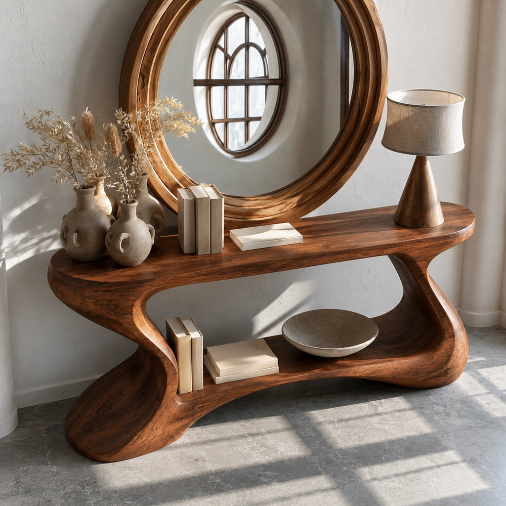 Sculptural Solid Wood Console Table with Open Shelf