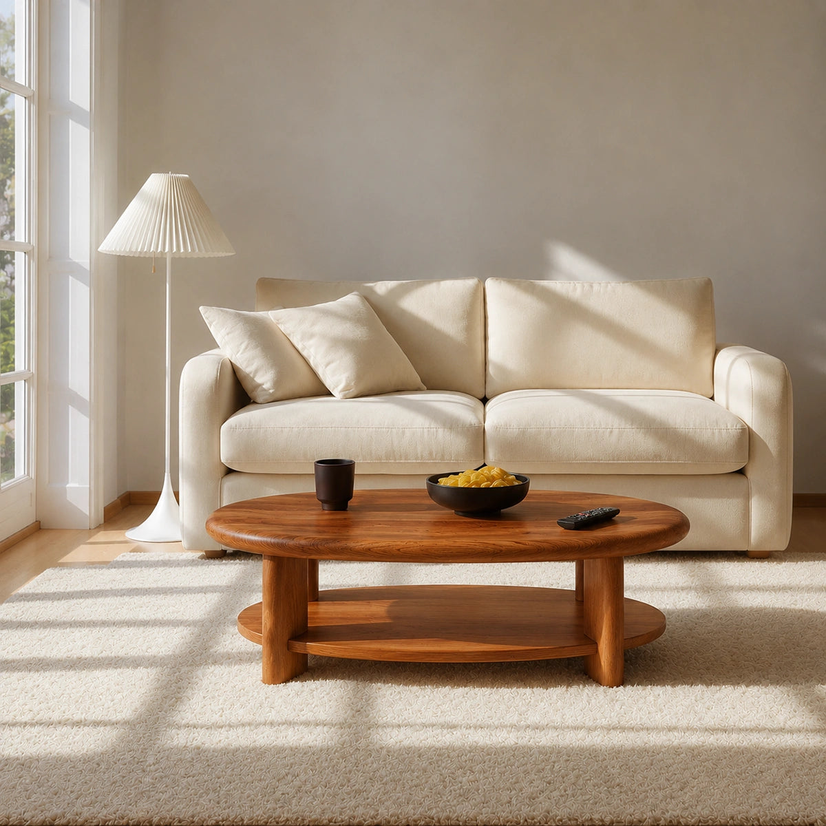 Modern Solid Walnut Round Coffee Table with Open Storage Shelf | Minimalist Living Room Table
