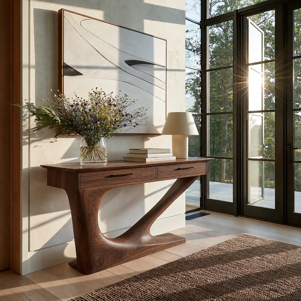 Solid Wood Console Table with Drawers and Sculptural Base