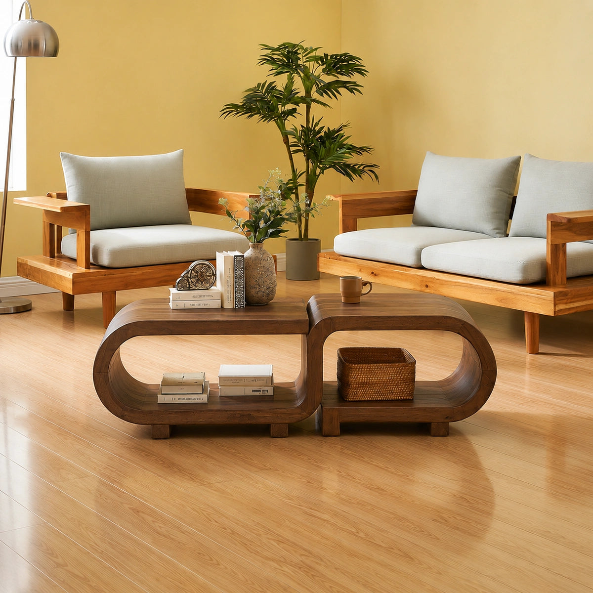 Modern Solid Walnut Nesting Coffee Table Set | Curved Wood Coffee Tables with Open Storage