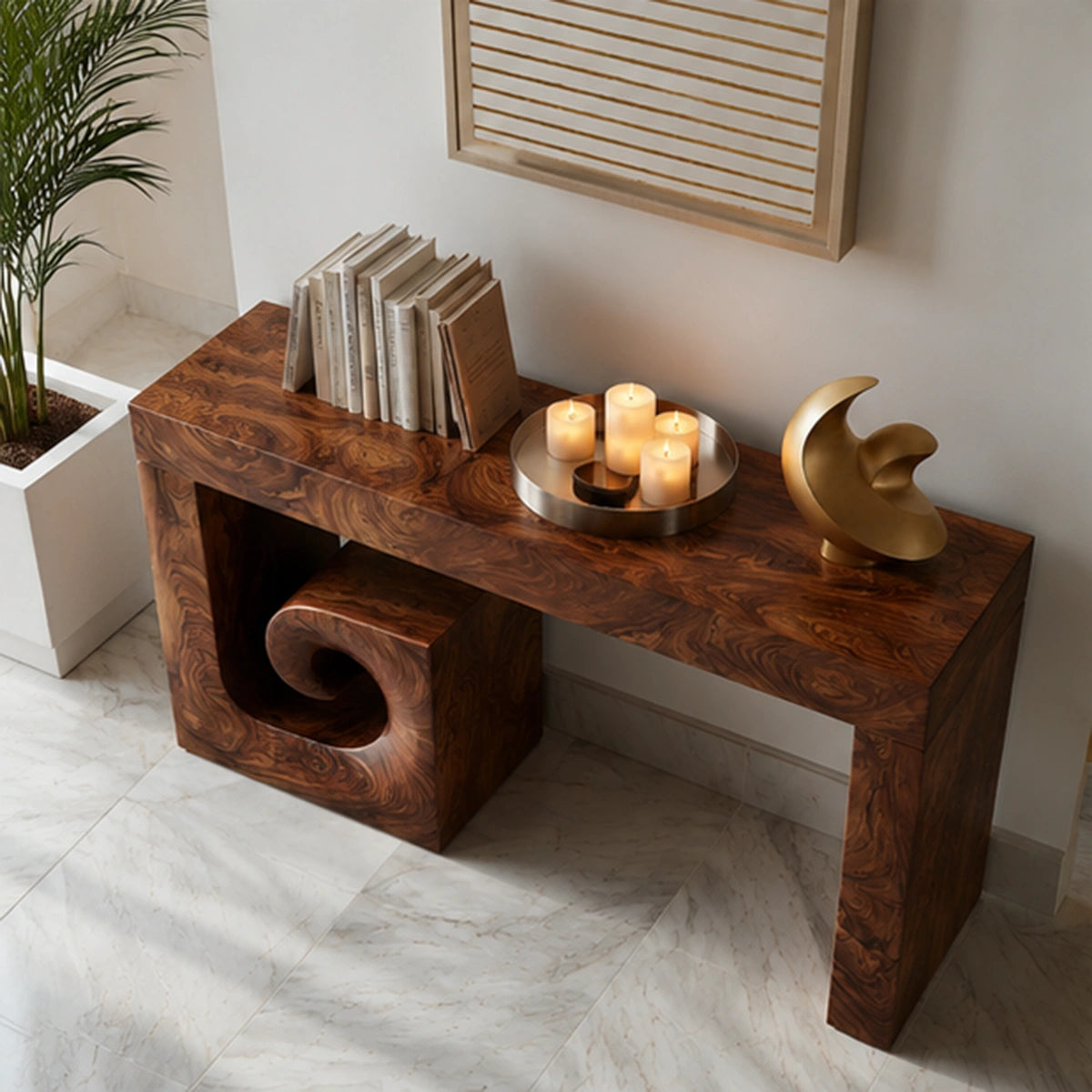 Solid Wood Console Table with Sculptural Stool | Modern Entryway & Hallway Table