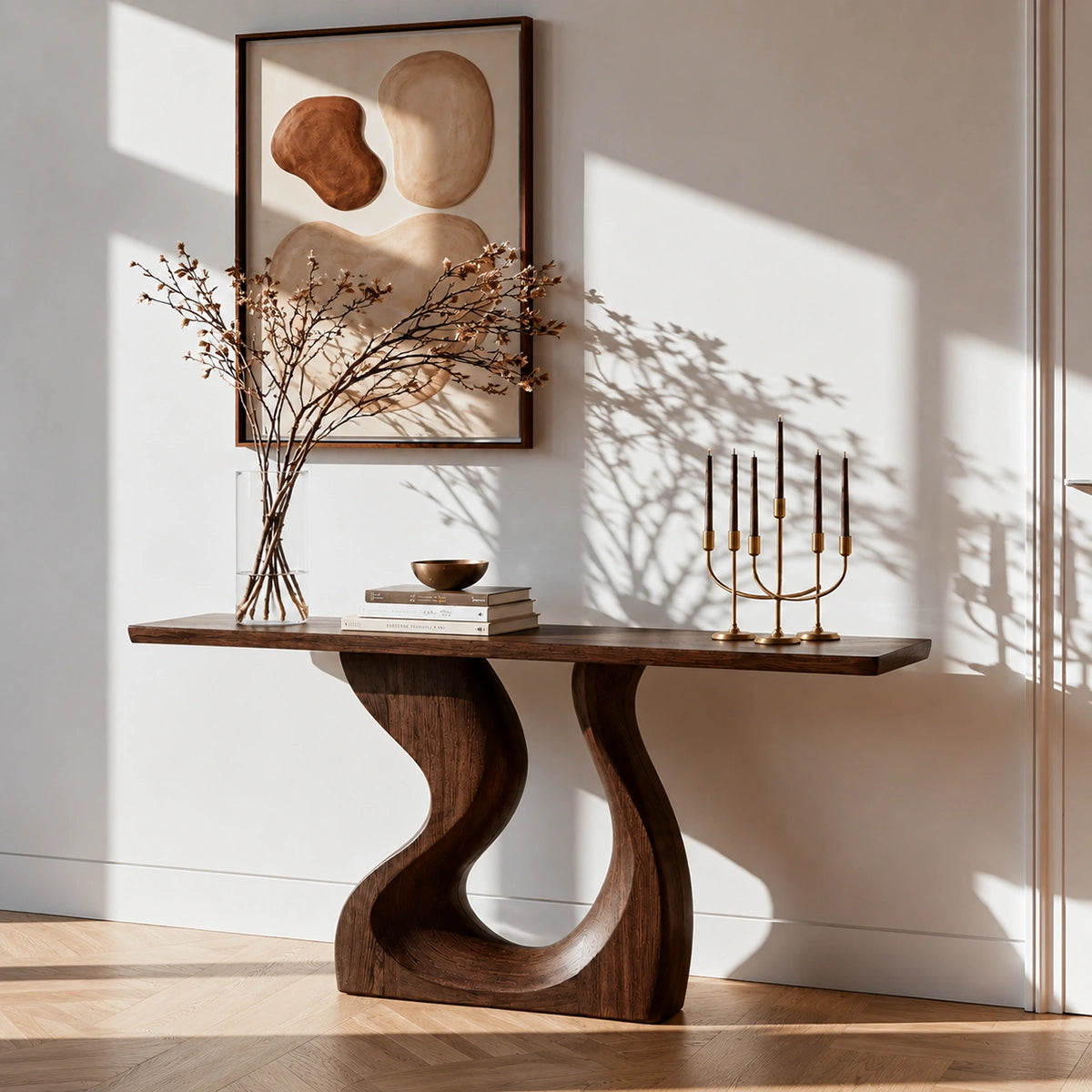 Sculptural Solid Wood Console Table with Curved Base