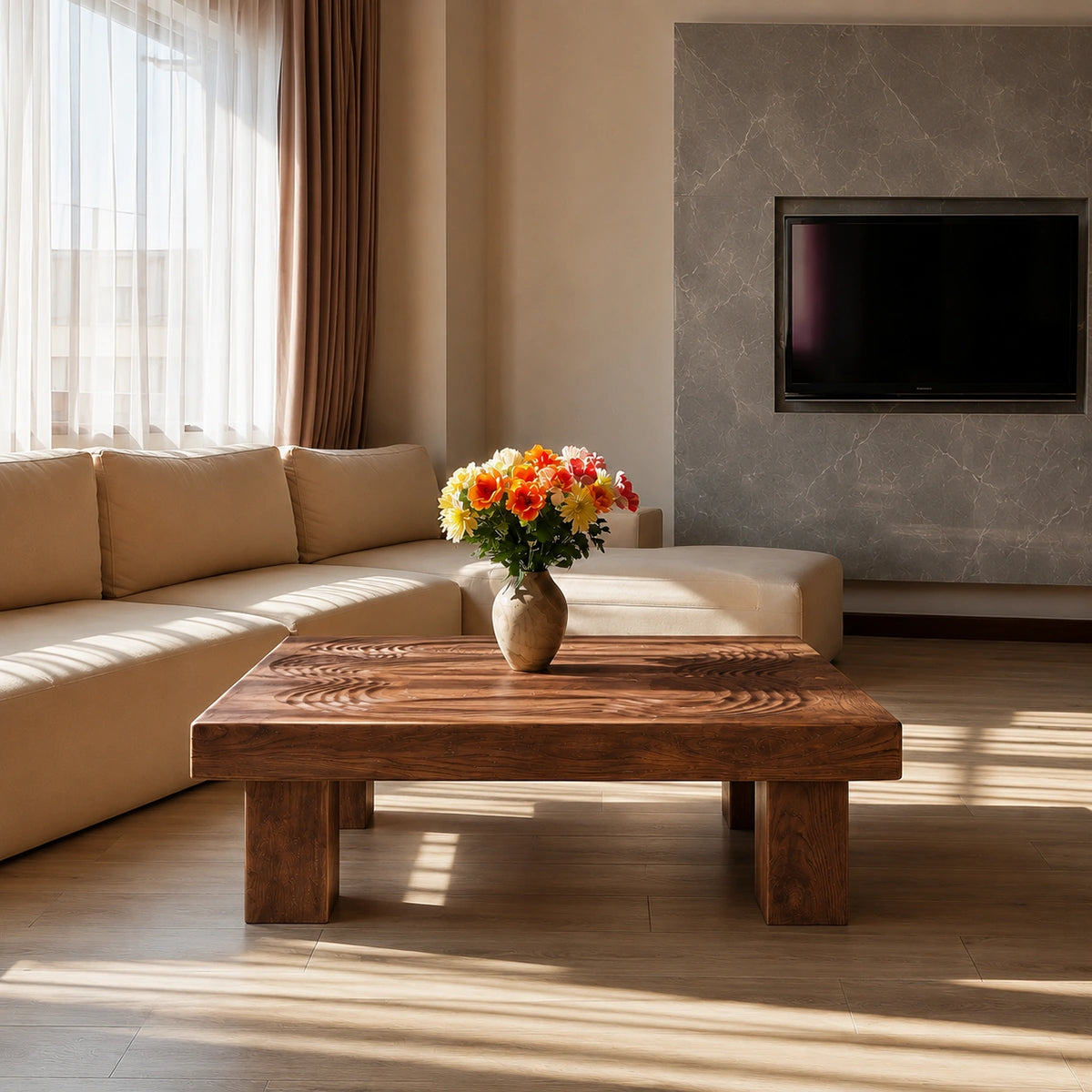 Handcrafted Solid Walnut Square Coffee Table | Sculpted Wood Grain Modern Living Room Table