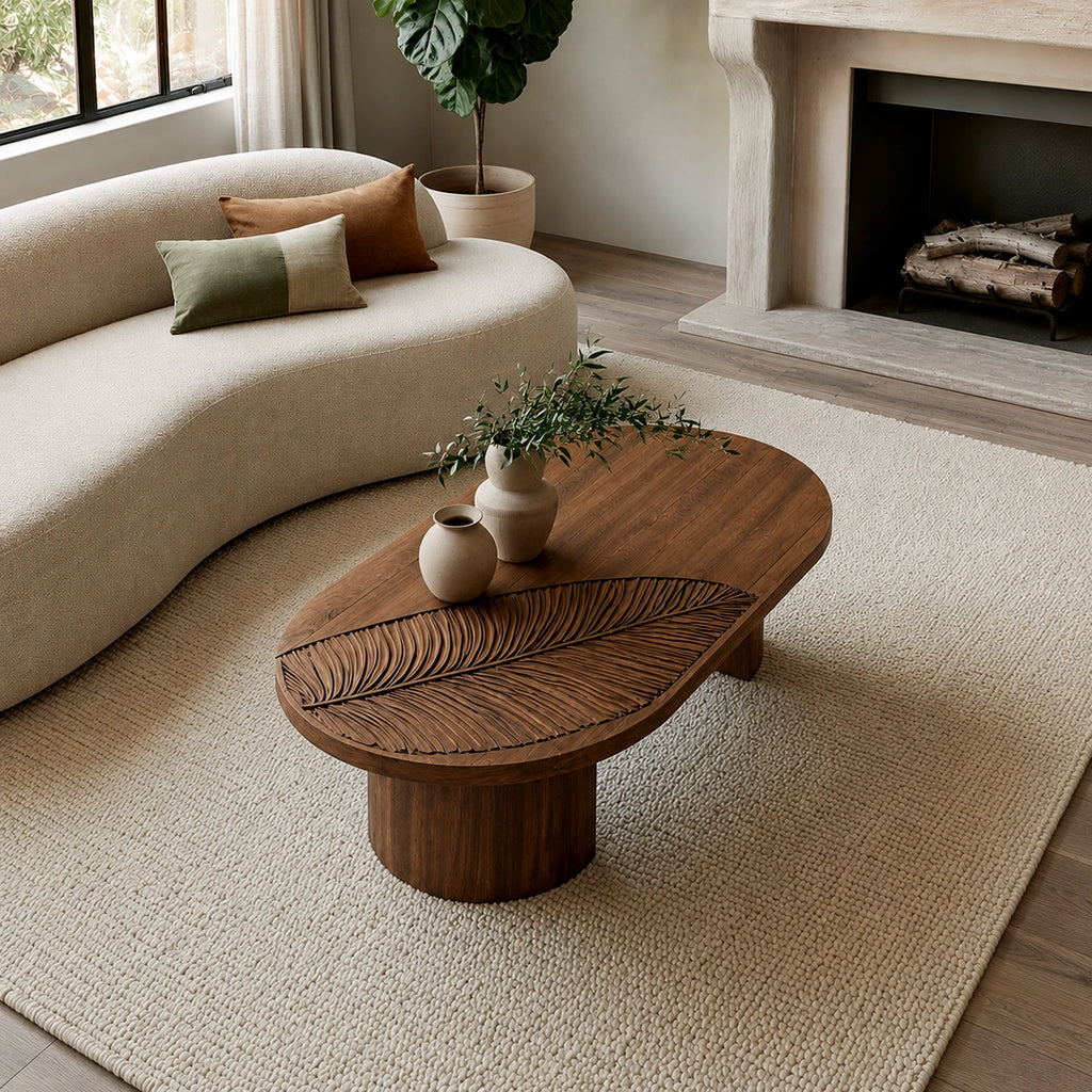 Handcrafted Solid Walnut Oval Coffee Table | Leaf Carved Modern Coffee Table for Living Room