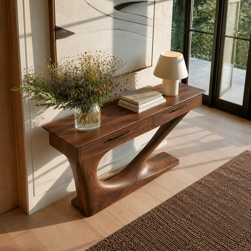 Solid Wood Console Table with Drawers and Sculptural Base