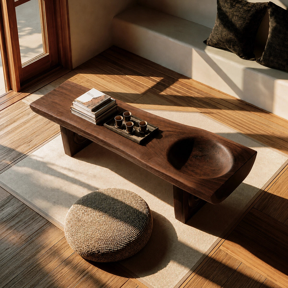 Handcrafted Solid Walnut Coffee Table with Carved Bowl | Sculptural Modern Living Room Table