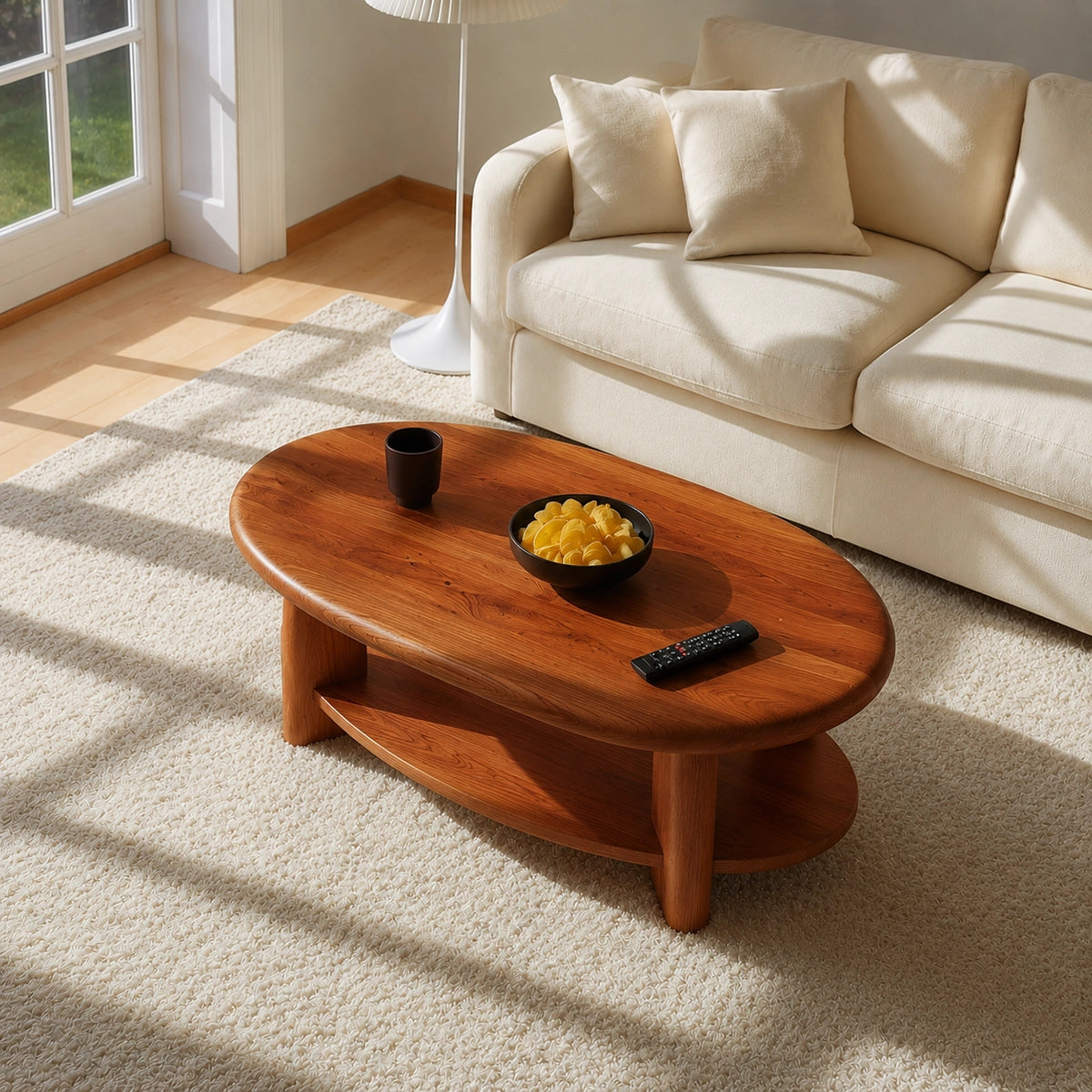 Modern Solid Walnut Round Coffee Table with Open Storage Shelf | Minimalist Living Room Table