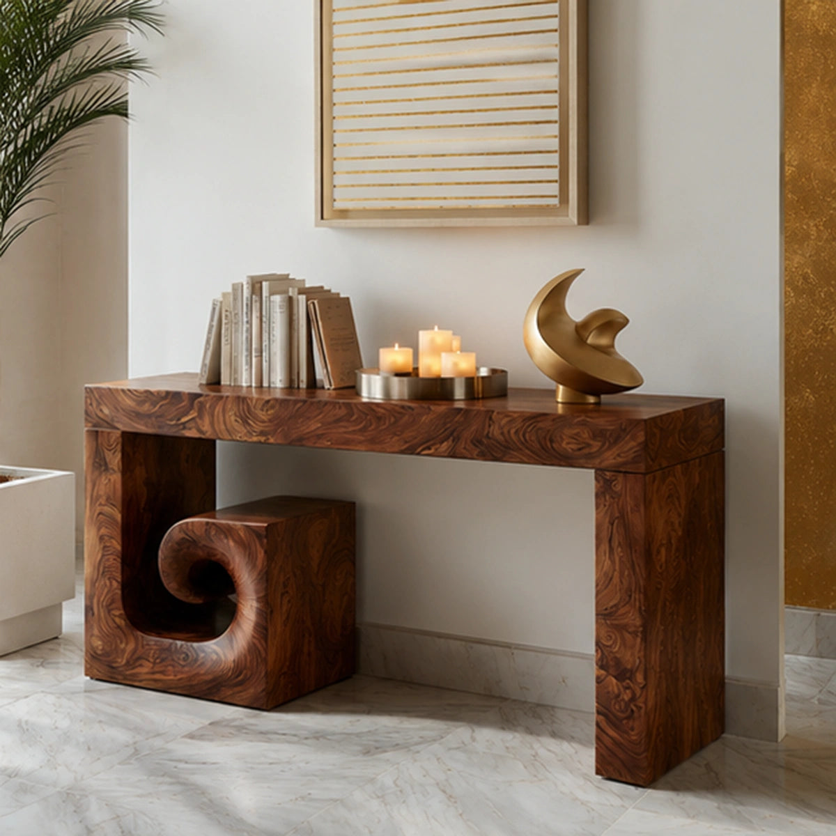 Solid Wood Console Table with Sculptural Stool | Modern Entryway & Hallway Table