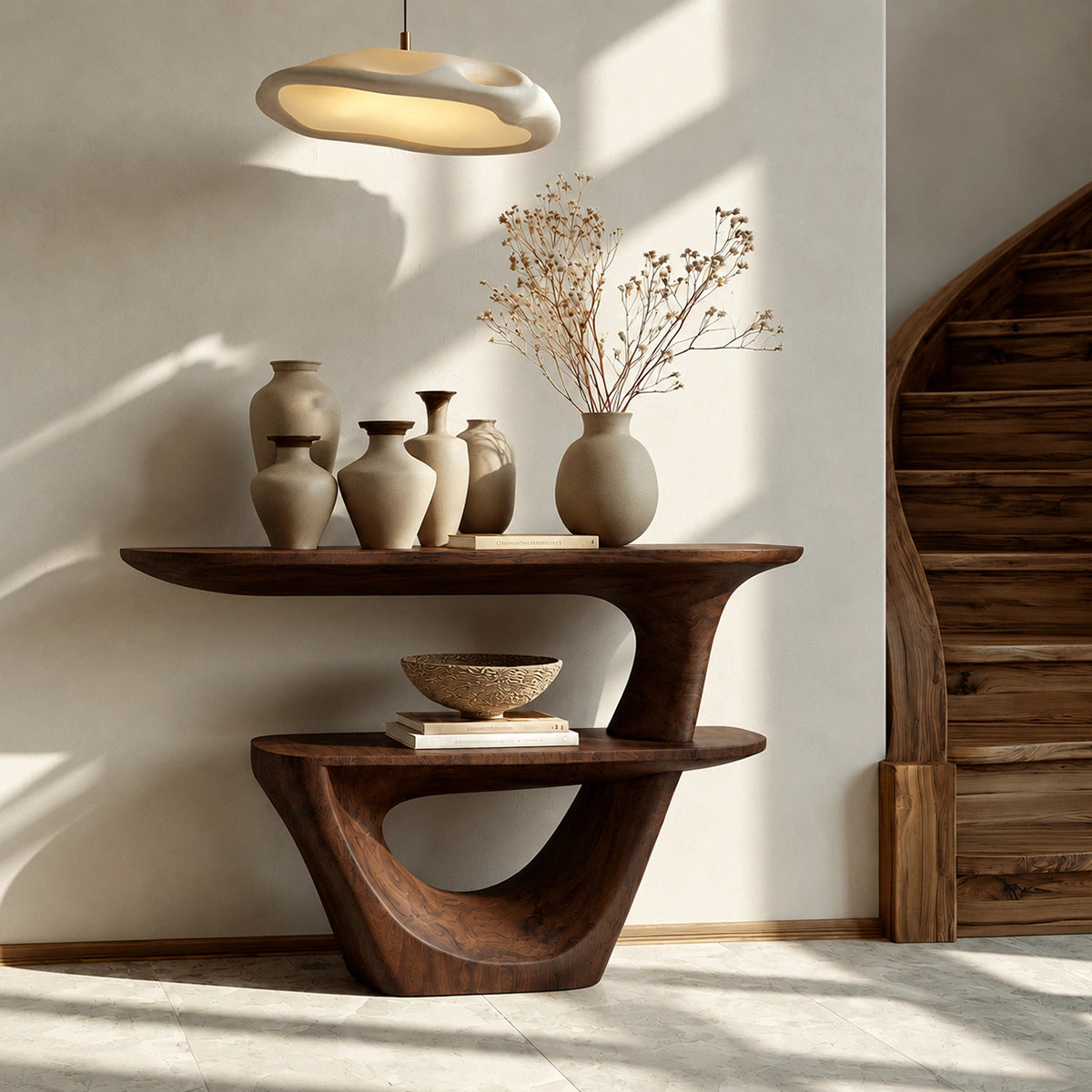 Sculptural Solid Wood Console Table with Open Shelf