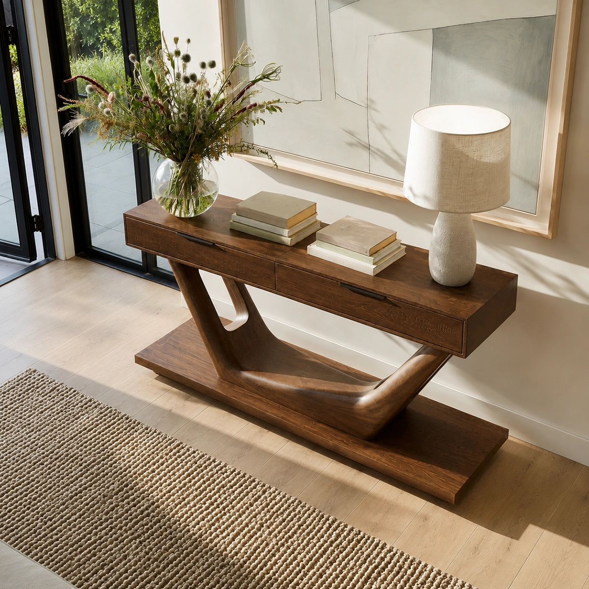 Modern Solid Walnut Console Table with Drawers | Sculptural Entryway Sofa Table