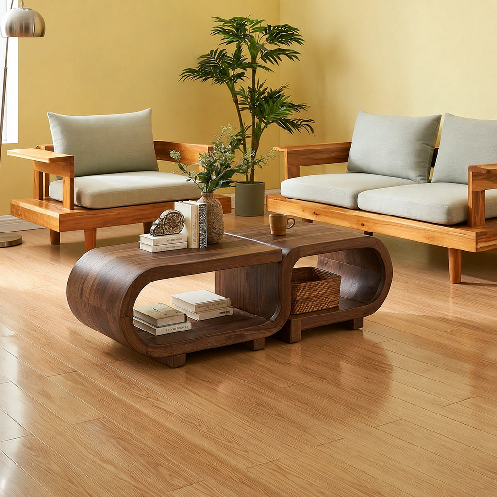 Modern Solid Walnut Nesting Coffee Table Set | Curved Wood Coffee Tables with Open Storage