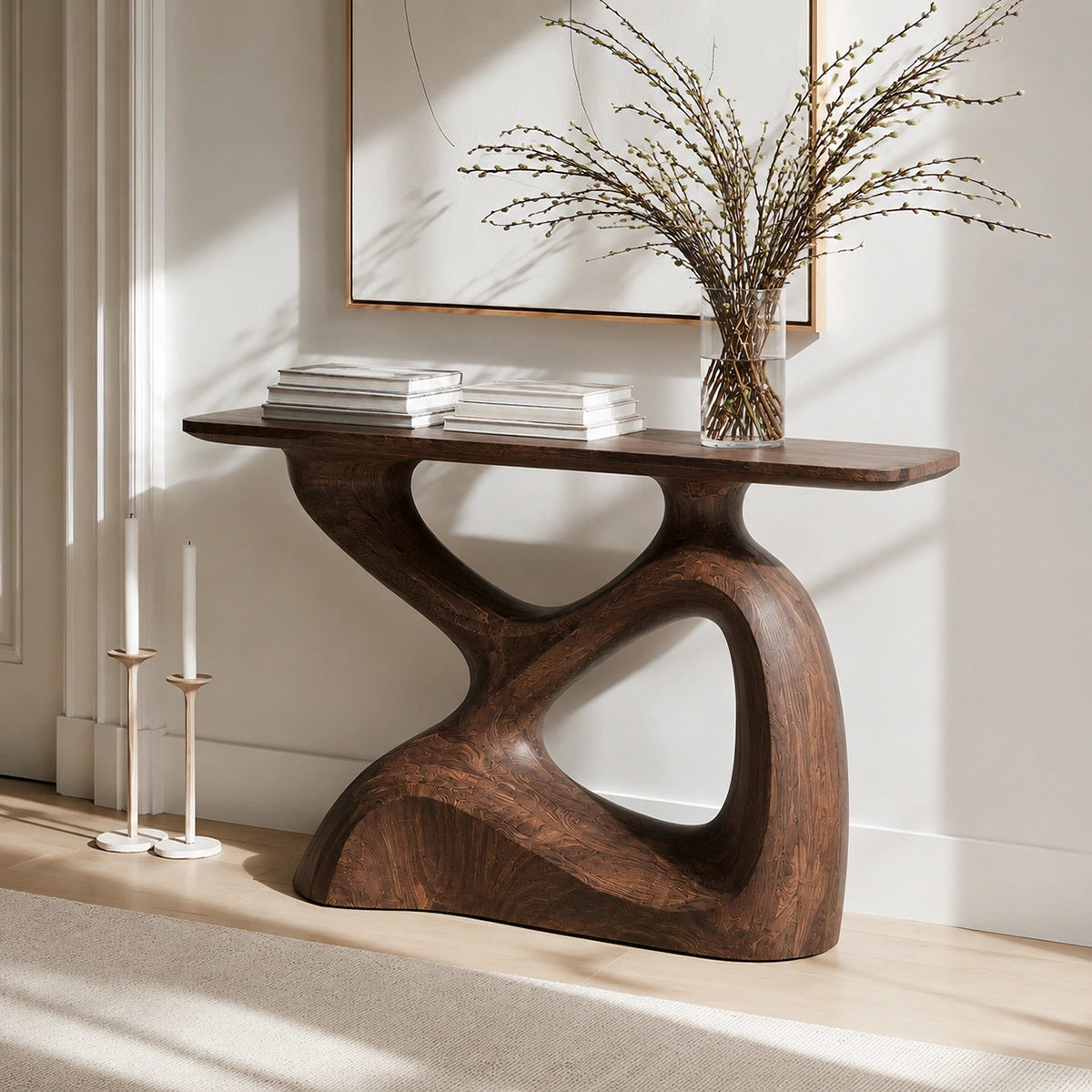 Sculptural Solid Wood Console Table with Organic Open Base