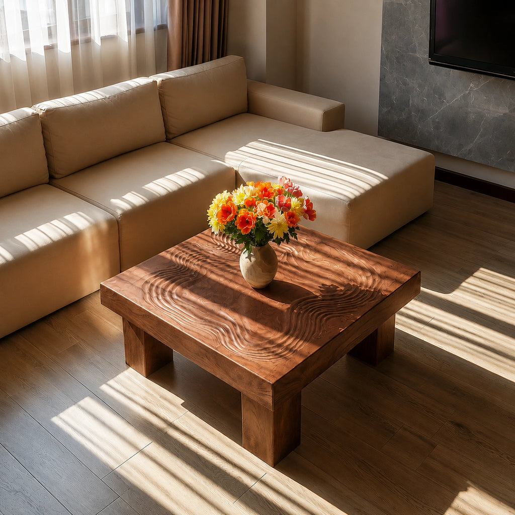 Handcrafted Solid Walnut Square Coffee Table | Sculpted Wood Grain Modern Living Room Table