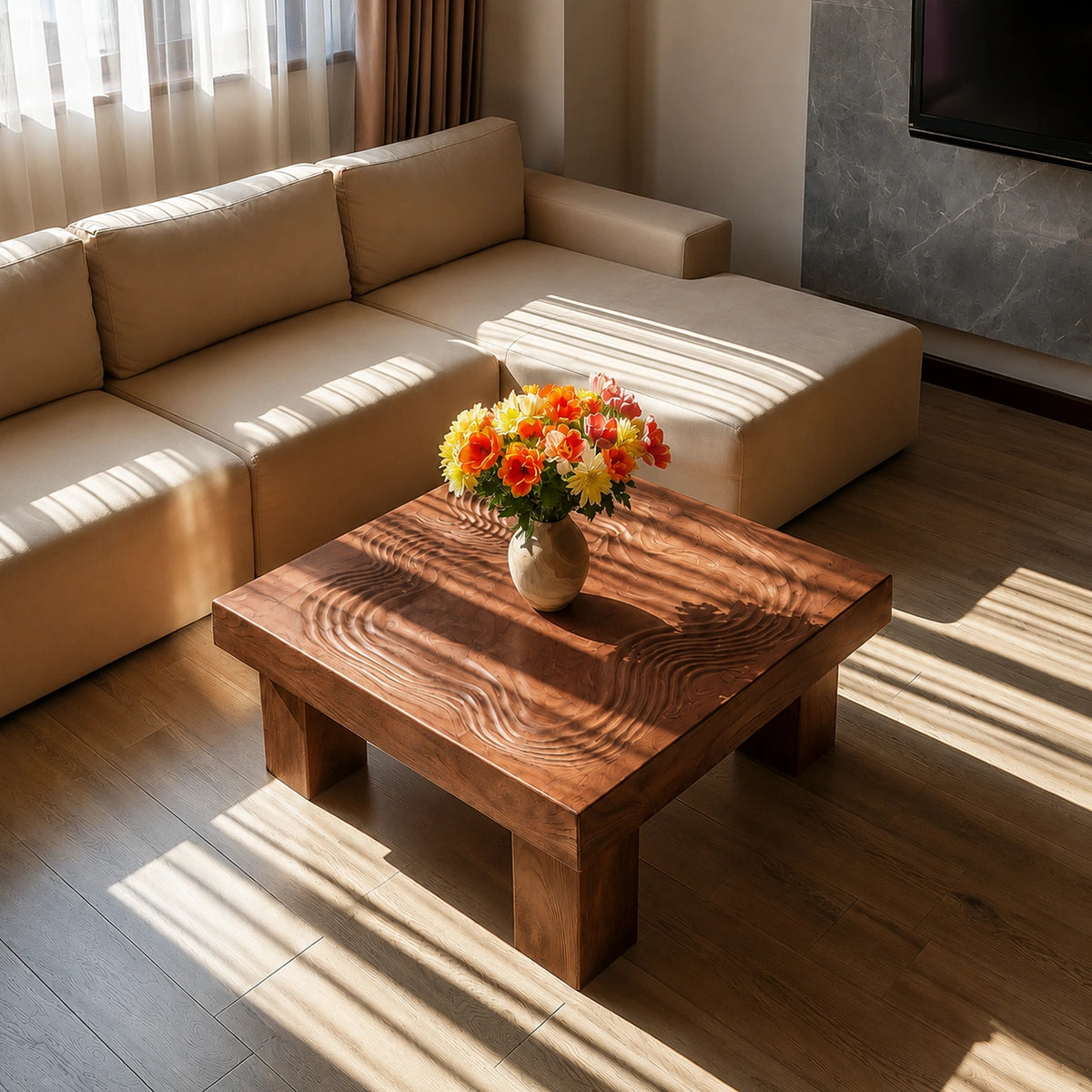 Handcrafted Solid Walnut Square Coffee Table | Sculpted Wood Grain Modern Living Room Table