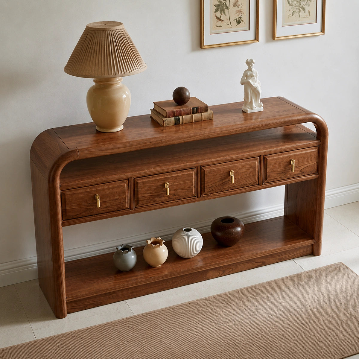 Solid Wood Console Table with Drawers and Open Shelf