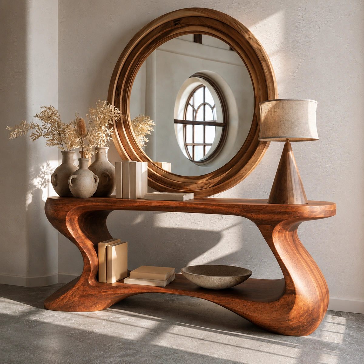 Sculptural Solid Wood Console Table with Open Shelf