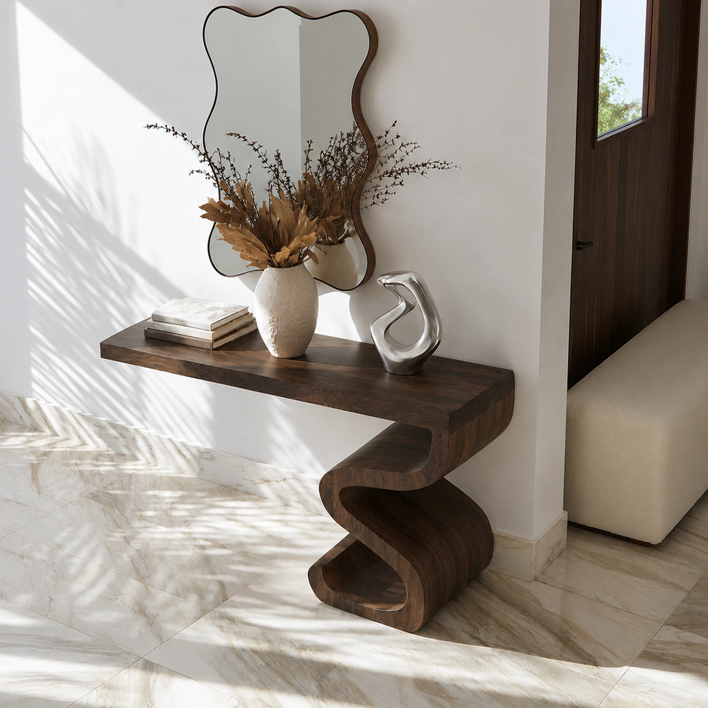 Sculptural Solid Wood Console Table with Curved Base
