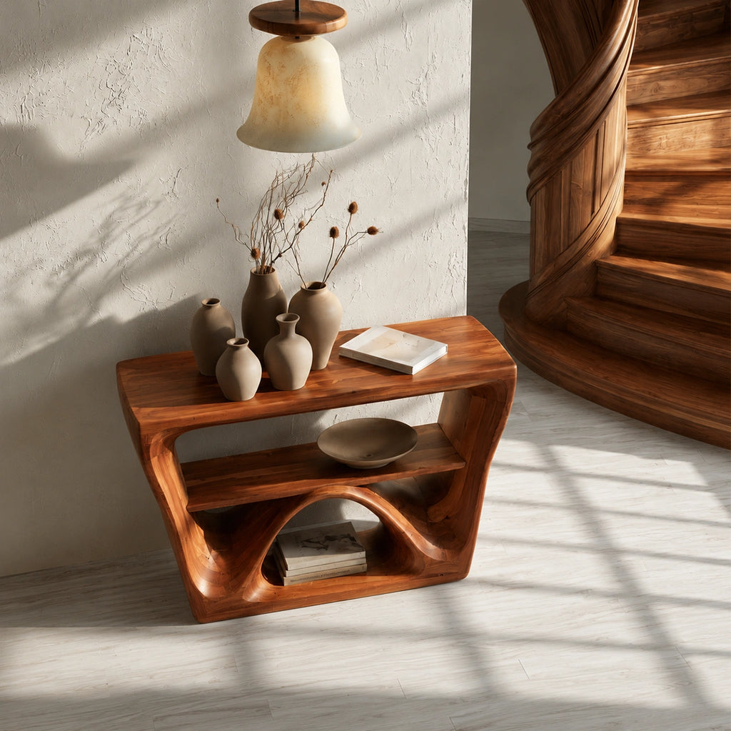 Sculptural Solid Wood Console Table with Open Shelf