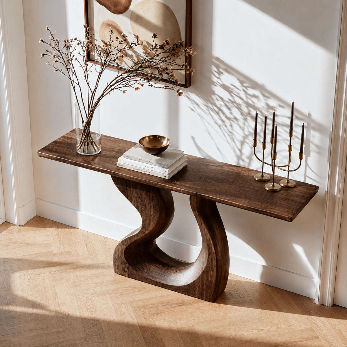Sculptural Solid Wood Console Table with Curved Base
