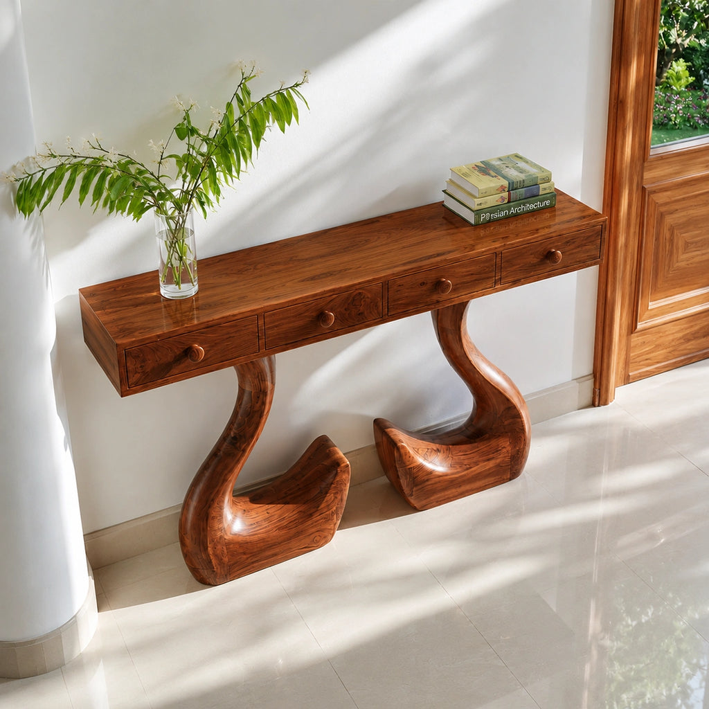 Solid Wood Console Table with Drawers and Sculptural Legs