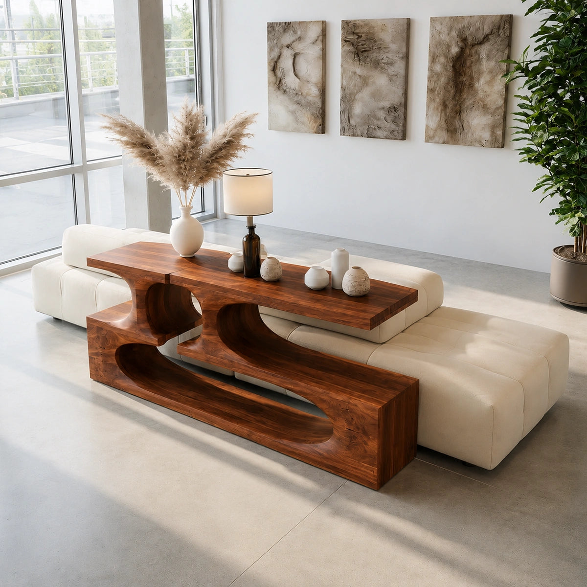 Sculptural Solid Wood Console Table with Open Shelves