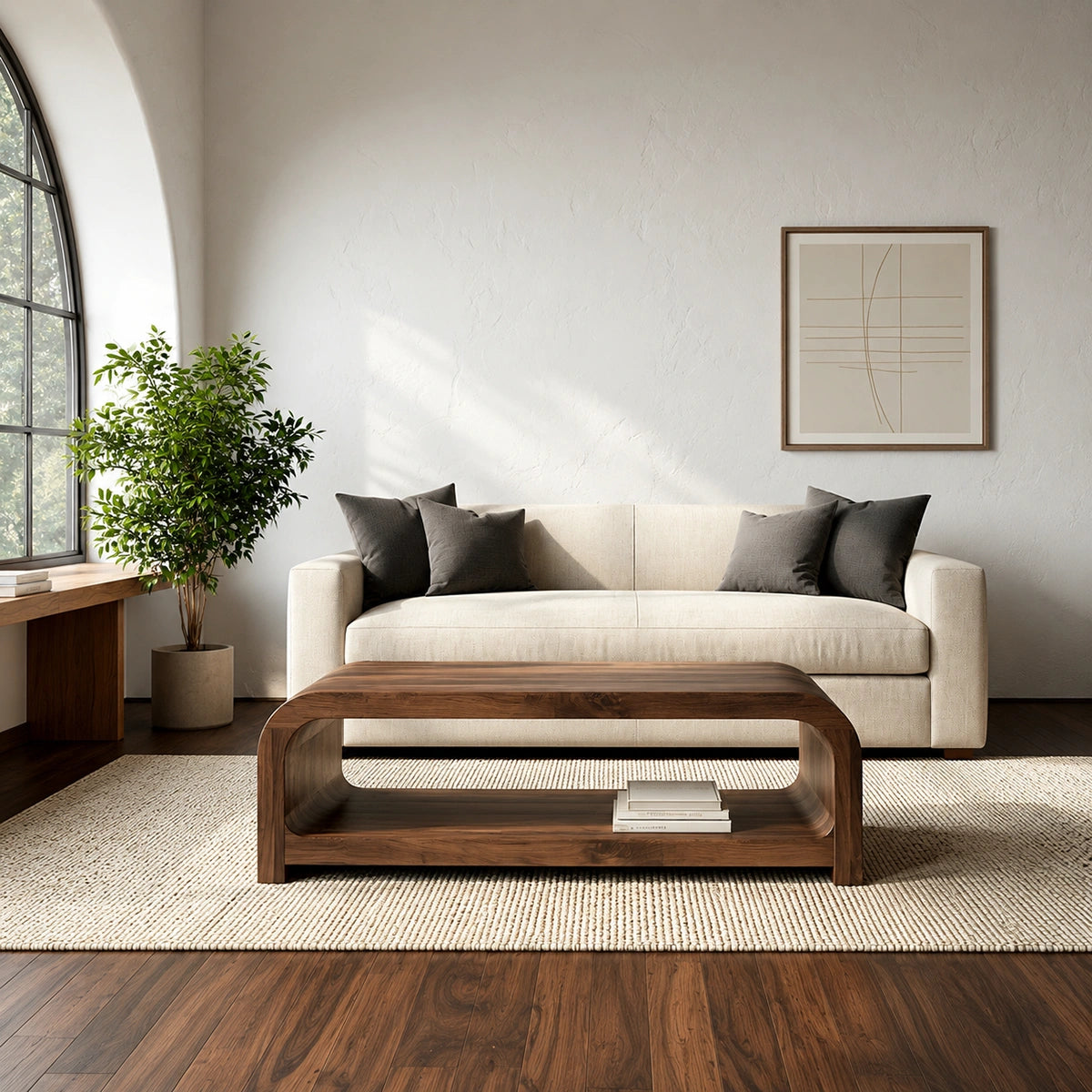 Modern Solid Walnut Waterfall Coffee Table with Open Storage | Minimalist Living Room Table