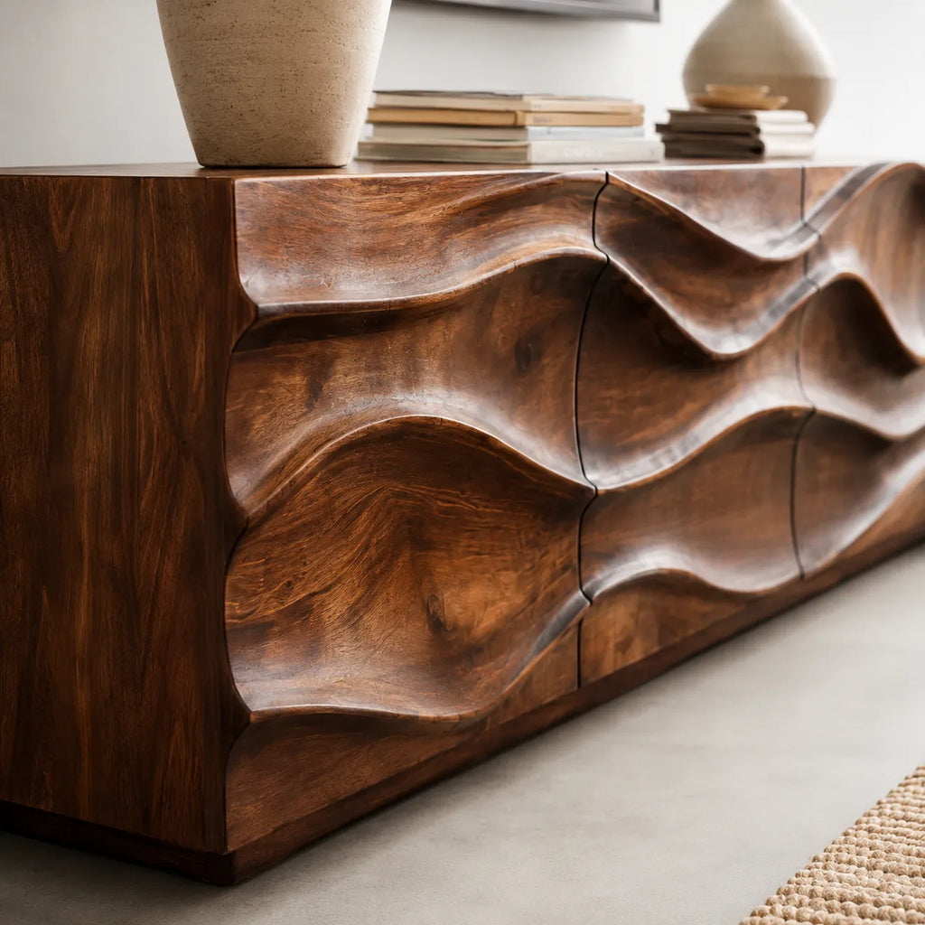 Sculpted Wave Natural Solid Wood TV Stand with Eight Drawer Storage