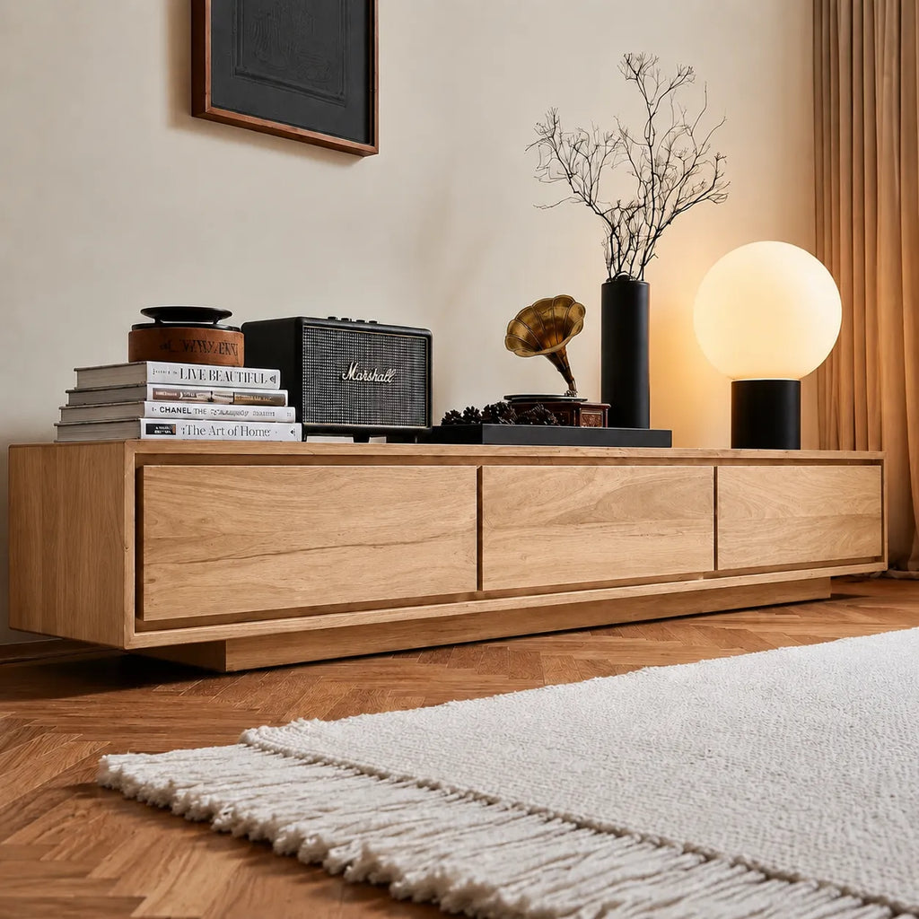 Contemporary Low Profile TV Stand with Seamless Storage Panels