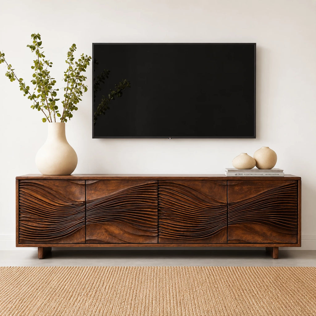 Carved Wave Natural Solid Wood TV Stand with Four Door Storage