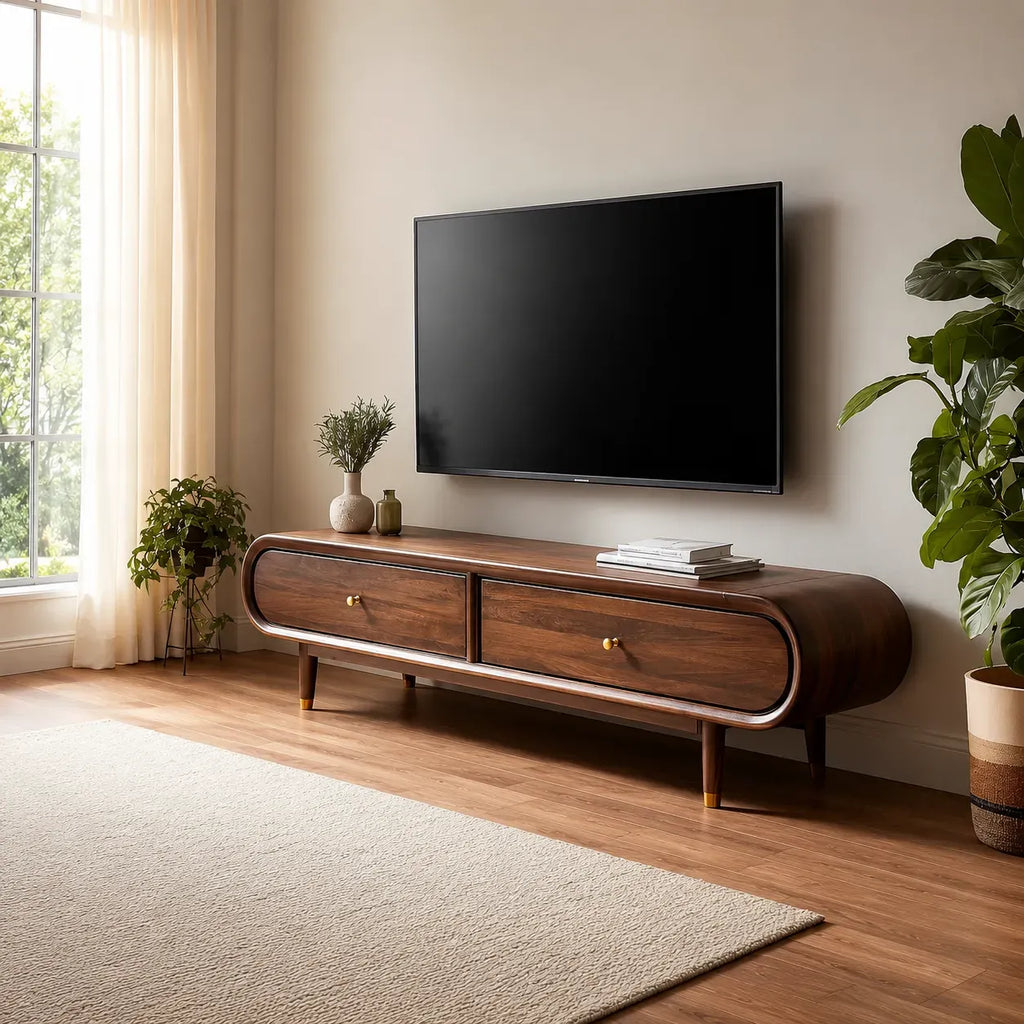 Curved Edge TV Stand with Dual Drawer Storage and Rounded Profile